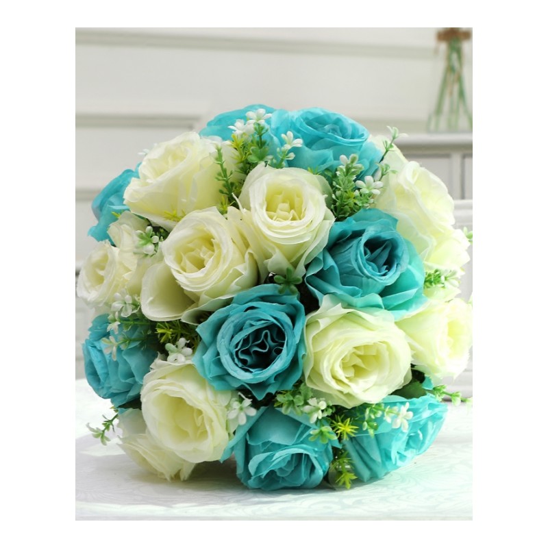 玫瑰花仿真花把束客厅欧式绢花家居装饰花卉插花装饰品-白+绿(18朵玫瑰)
