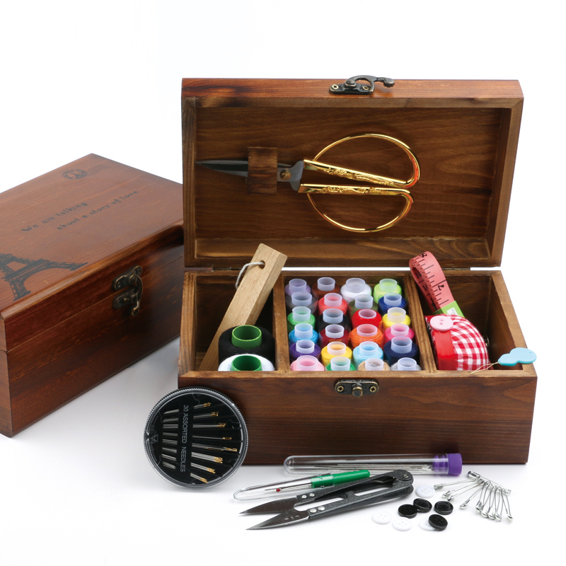 复古实木针线盒套装缝纫线盒 家用收纳手缝线十字绣工具