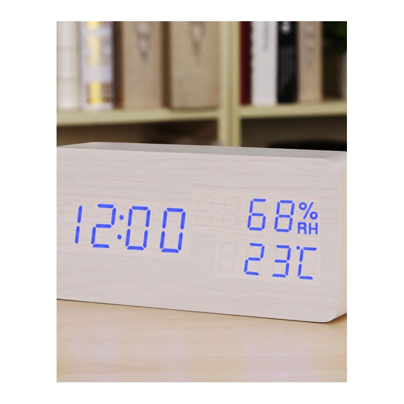 18新款时尚LED创意电子钟表夜光闹钟温湿度计学生床头钟木座台钟
