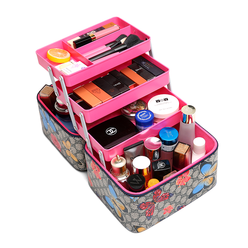 韩国大容量化妆包便携旅行多层手提化妆箱少女心纹绣工具箱收纳箱