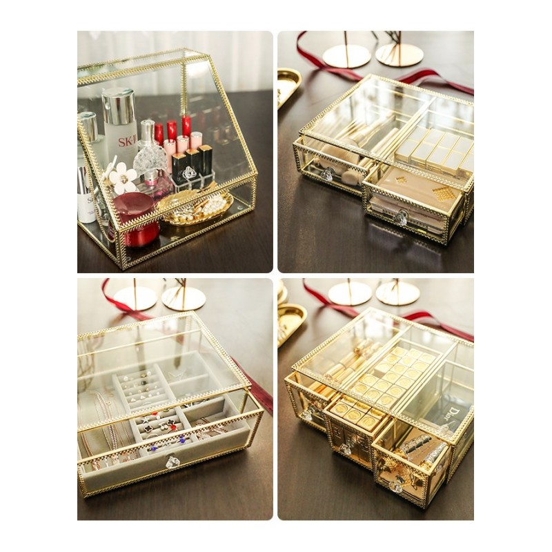 整理铜边透明大号玻璃化妆品收纳盒金色化妆盒梳妆台口红架桌面盒