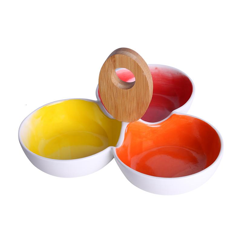 韩式创意陶瓷碗 配竹柄手彩点心碗水果碗沙拉碗小吃碗零食碗餐具