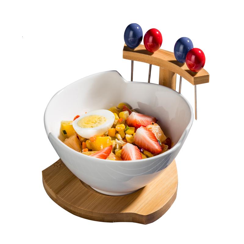 创意陶瓷碗配竹木带水果叉 沙拉碗水果碗蔬菜碗甜品碗家用餐具