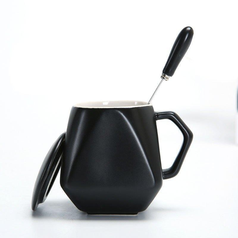 250ML创意陶瓷杯子简约水杯牛奶咖啡杯马克杯带盖勺个性早餐杯纯色糖果色被子生活日用家居器皿喝水杯子