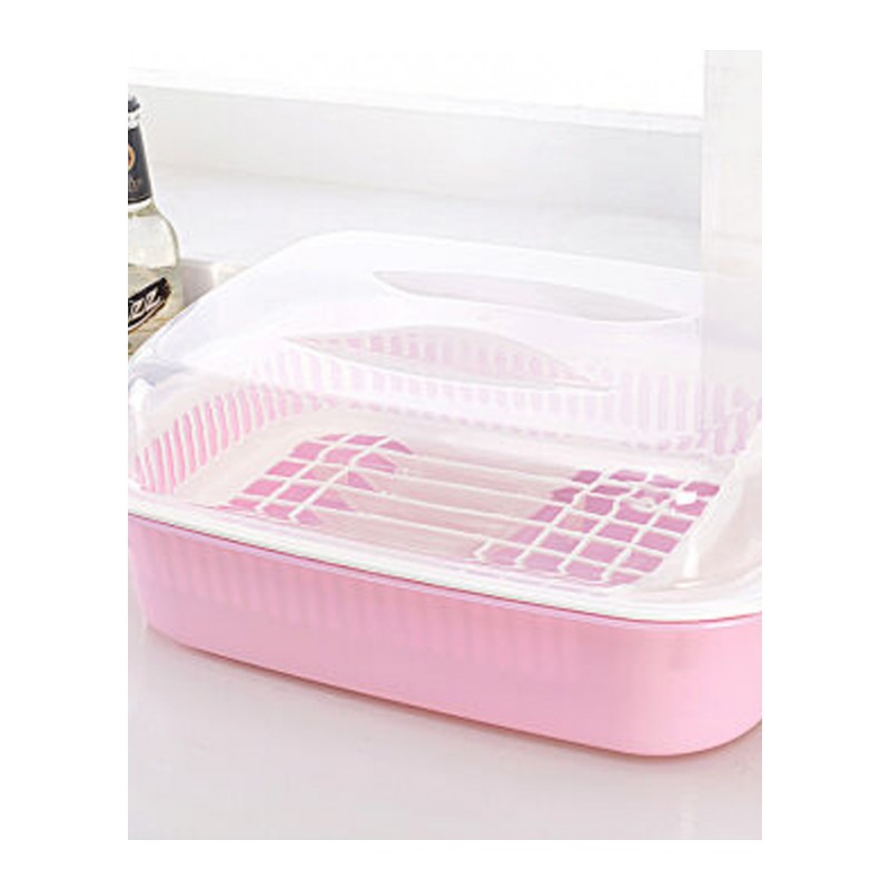 大号碗碟沥水置物架 带盖密封双层沥水碗碟架 碗柜 韩式碗架 粉红色