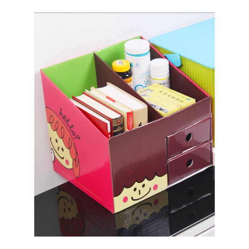 (小女孩)畸良DIY纸质桌面收纳盒 杂物盒 储物盒文件收纳盒带抽屉双层抽屉