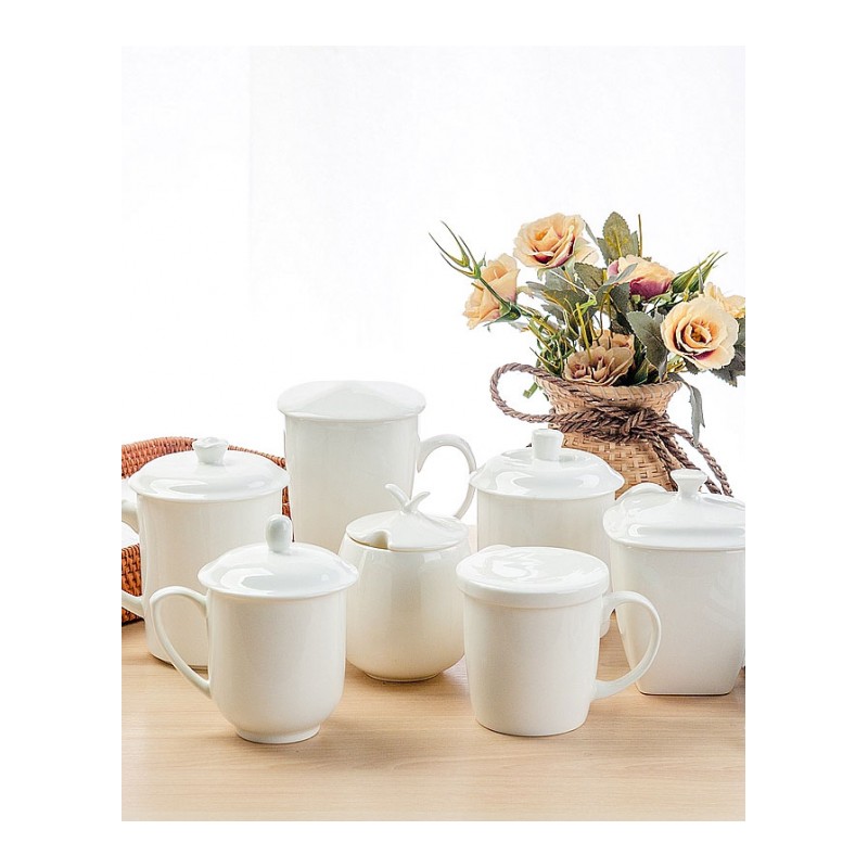 白色马克杯咖啡杯办公室水杯子陶瓷带盖勺大容量茶杯盖杯通用简约茶杯早餐杯水杯日用
