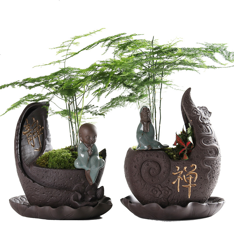 小和尚黑紫砂菩萨花盆中号带托盘创意个性复古中国风多肉植物文竹