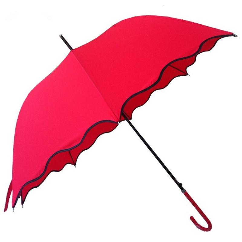 简约创意长柄伞荷叶边纯色自动伞大红色直杆新娘结婚伞婚庆晴雨伞