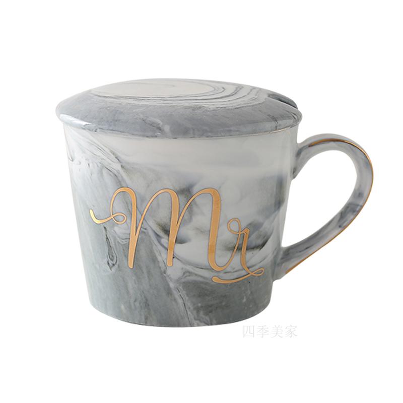 斜口大理石纹陶瓷马克杯 欧式金边水杯咖啡杯情侣杯 带盖送勺