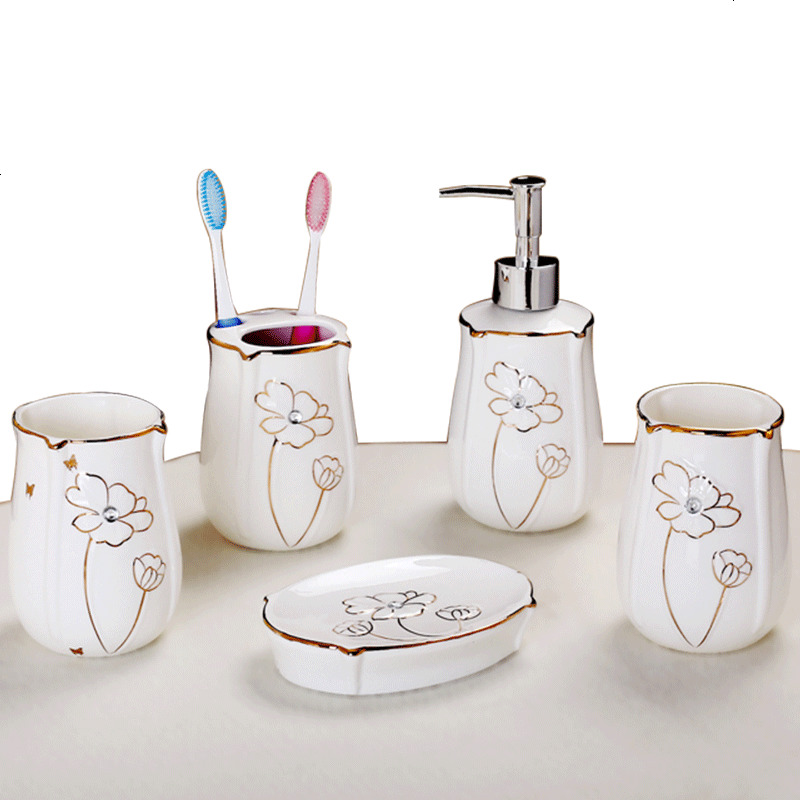 陶瓷卫浴五件套礼品欧式卫生间浴室用品简约牙刷口杯套件洗漱套