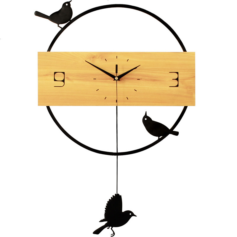 北欧客厅简约实木挂钟创意小鸟摇摆装饰时钟卧室个性静音钟表挂表