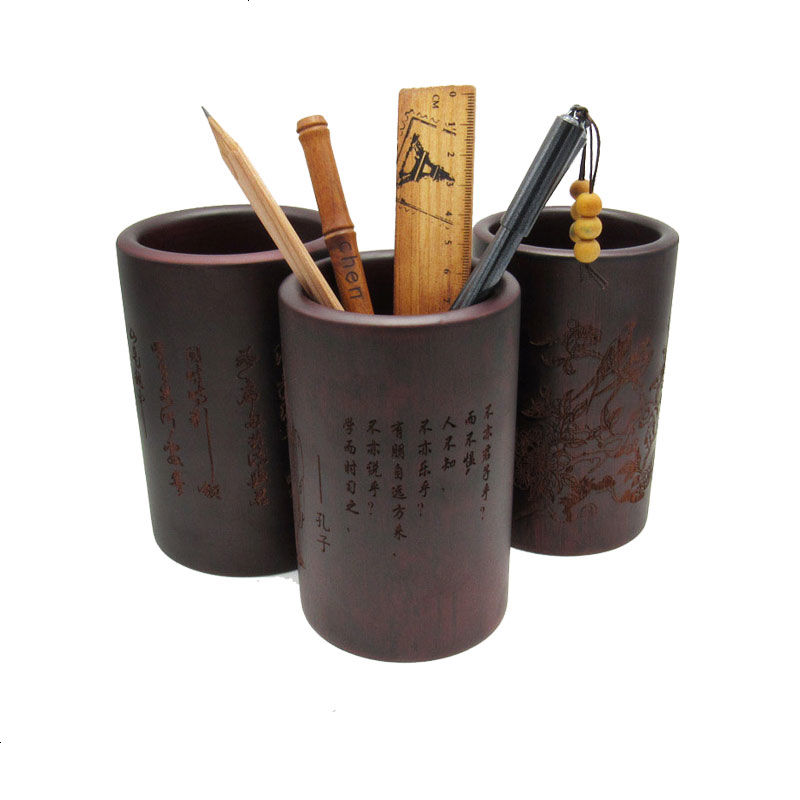 实木刻笔筒木质制创意时尚笔桶新中式仿复古摆件桌面收纳盒礼品