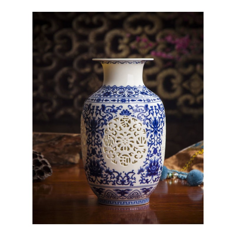 景德镇陶瓷玲珑镂空花瓶中式仿古插花瓶家居装饰工艺品摆件