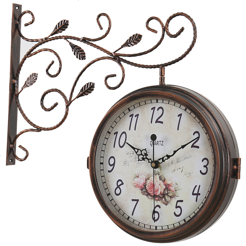 静音 欧式钟表双面挂钟客厅美式现代简约装饰铁艺挂钟墙壁挂表