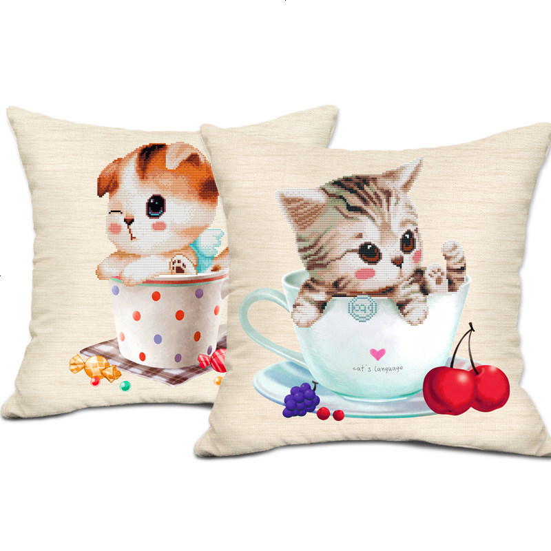 十字绣抱枕茶杯猫咪可爱儿童情侣卧室客厅靠垫靠枕头精准印花对枕