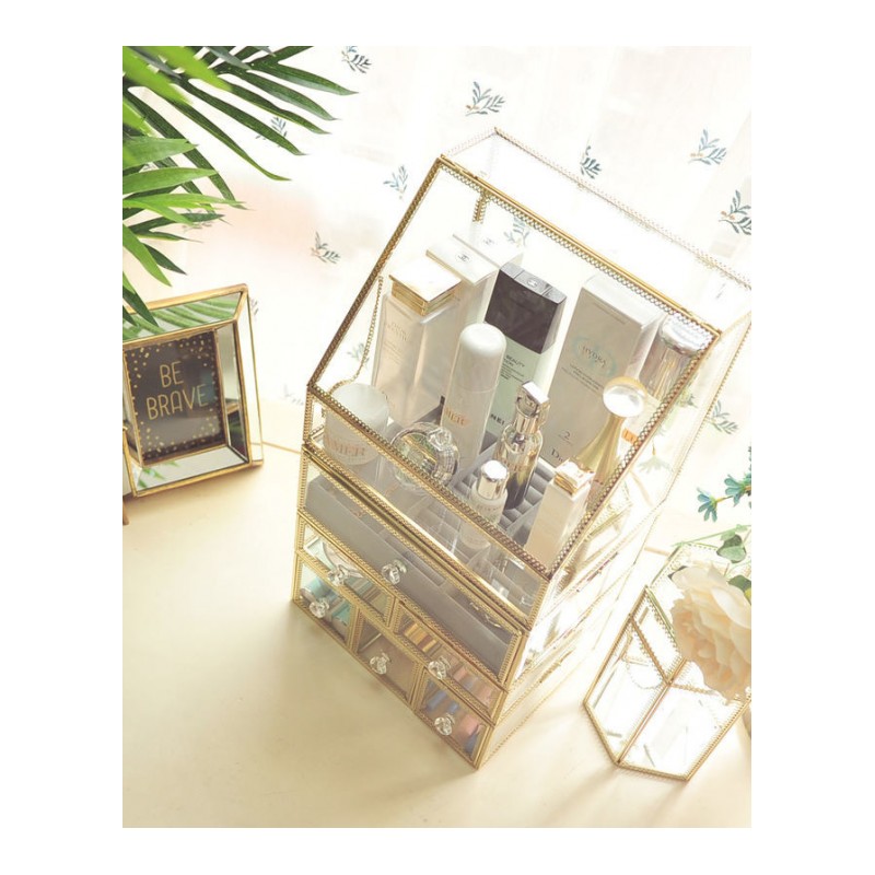 金色大号透明玻璃化妆品收纳盒桌面化妆盒梳妆台口红架整理盒首饰