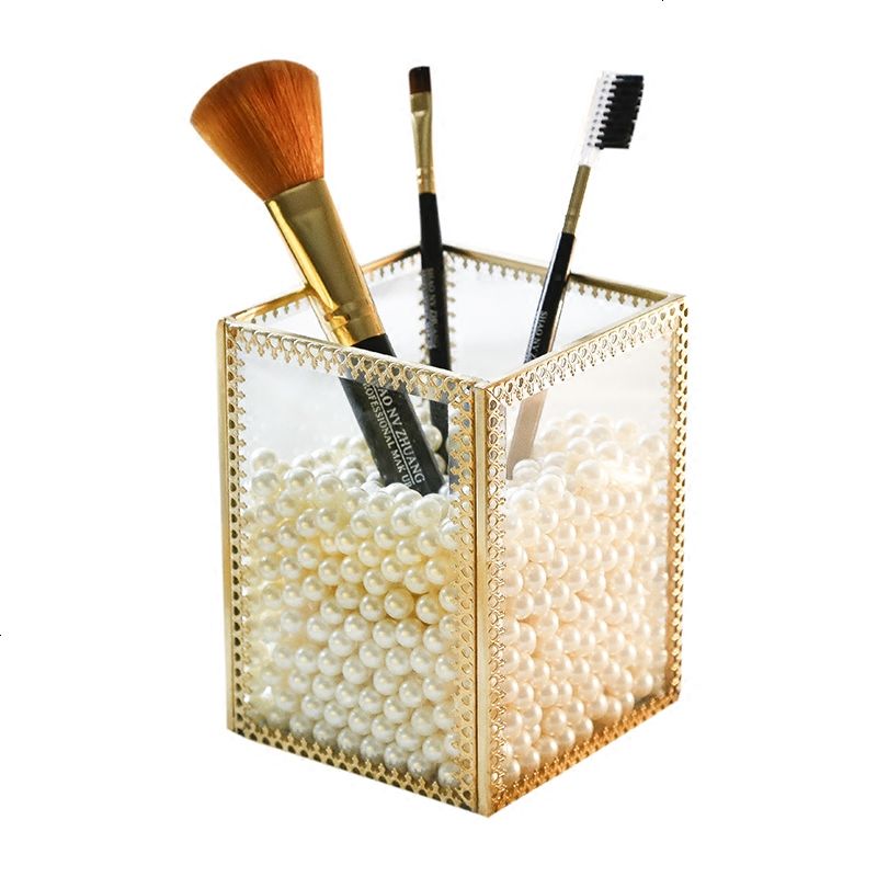 欧式复古铜透明玻璃化妆刷收纳桶眉笔粉刷刷具筒桌面化妆品收纳盒