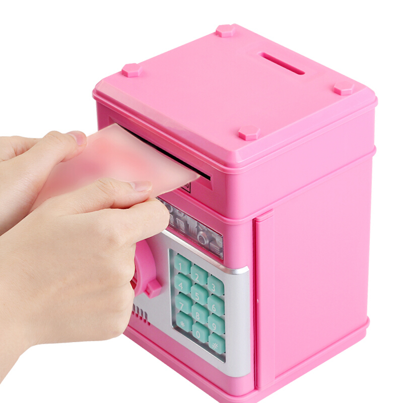 存钱罐儿童密码存钱罐大号保险柜储蓄罐ATM取款机类玩具送孩子创意玩具生日密码保险柜银粉色