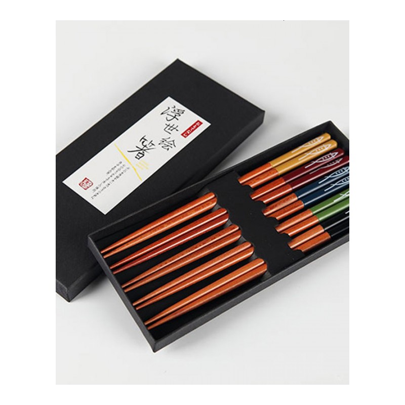 日式和风筷子五色筷无漆家用木质筷学生创意餐具长筷子五双礼盒装