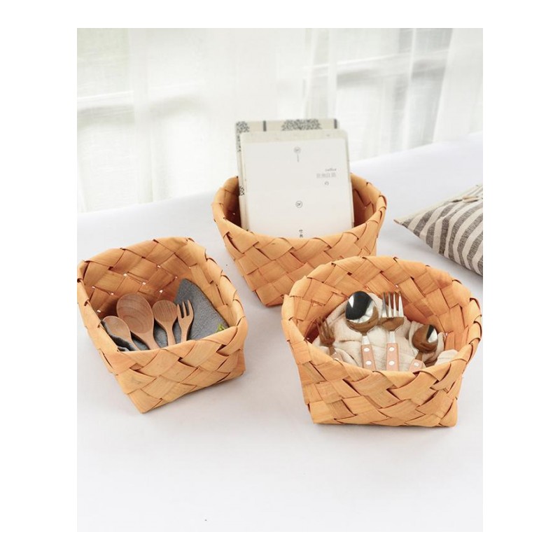 日式木片篮 创意手工原木编织收纳篮子面包篮水果菜篮厨房储物篮