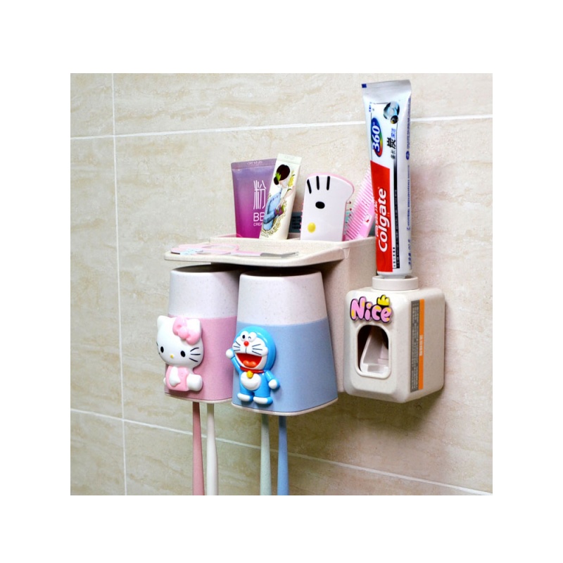 kitty机器猫吸壁式牙刷架卫生间免打孔壁挂置物架子带漱口杯套装日用家居