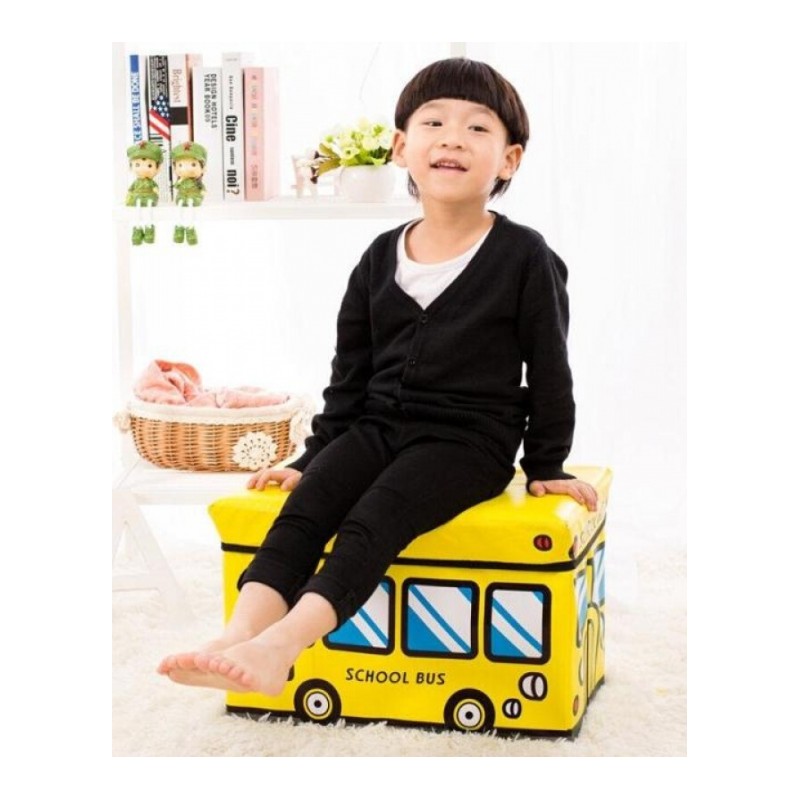 大号汽车收纳凳储物凳子可折叠儿童玩具卡通收纳箱生活日用创意家居粉色公交车大号