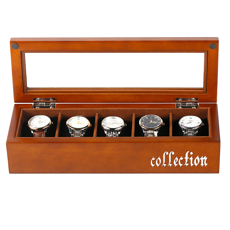 手表盒木质制玻璃天窗手表盒手串链首饰品手表收纳盒子展示盒箱子咖啡色带锁扣有字母
