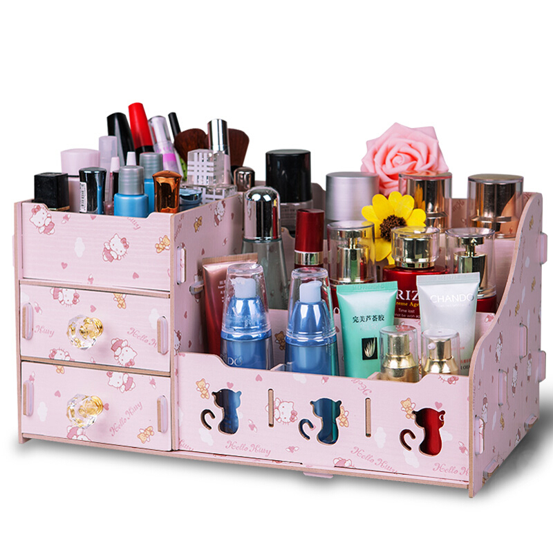 大号化妆品收纳盒桌面整理梳妆盒刷抽屉口红面膜箱木质制置物架创意
