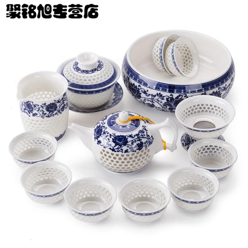 后瓷盖碗茶壶玲珑功夫茶具套装家用蜂巢镂空青花瓷陶瓷茶杯茶碗简约