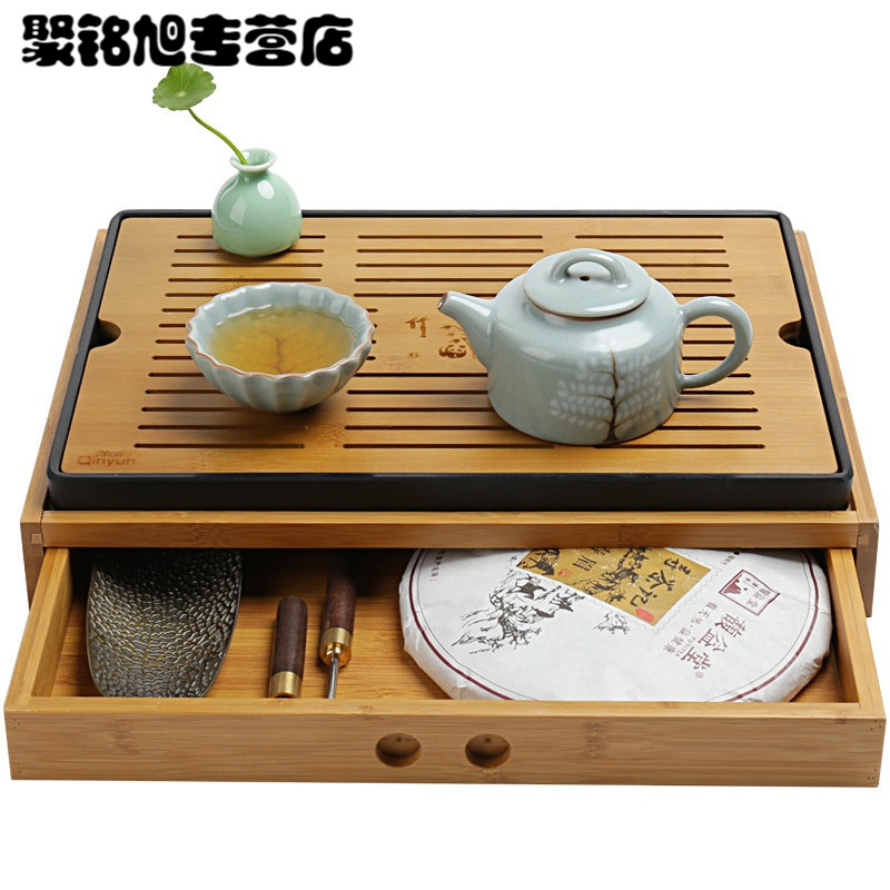 功夫茶具简约茶盘家用储水日式圆形竹制托盘小茶台干泡盘家用茶具茶盘茶托待客喝茶茶具茶盘中国风茶托茶盘