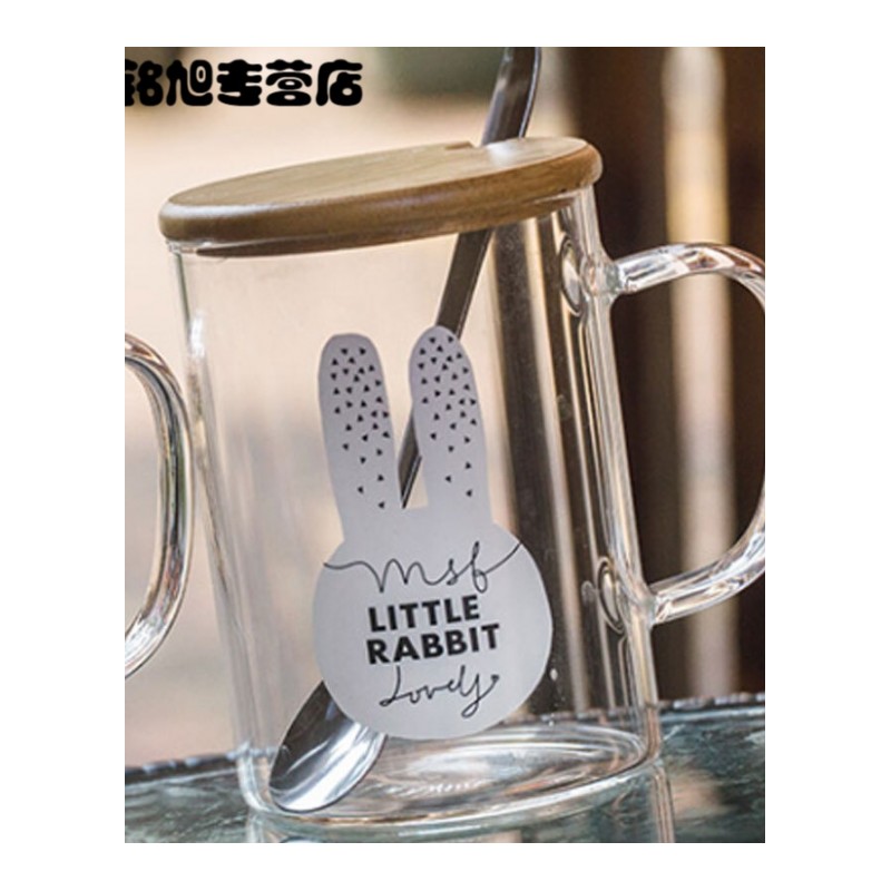 可爱兔子玻璃杯带把韩版小清新水杯女学生带盖勺燕麦早餐杯子简约玻璃杯子