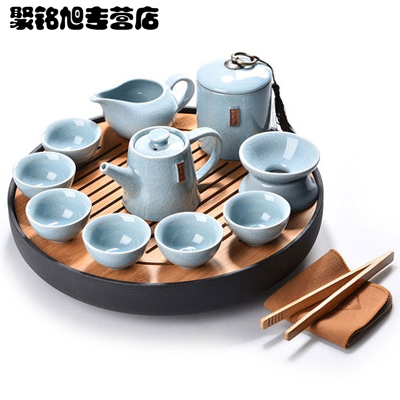 陶瓷日式功夫茶具套装茶海托盘中式茶盘圆形蓄水实木干泡茶盘茶台家居家用简约创意多功能水具