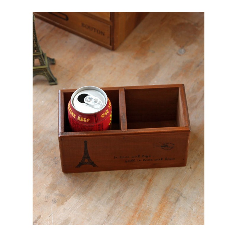 zakka复古木质桌面收纳盒实木遥控器储物盒 木制多功能两格笔筒