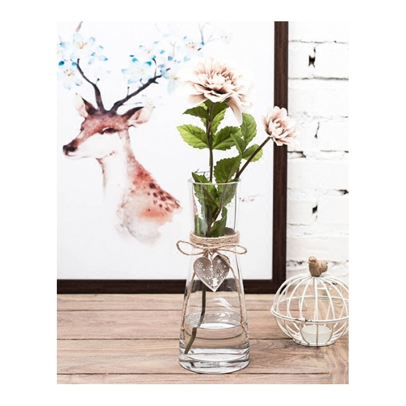 北欧创意束腰玻璃花瓶麻绳蝴蝶结透明水培容器客厅清新花插摆件