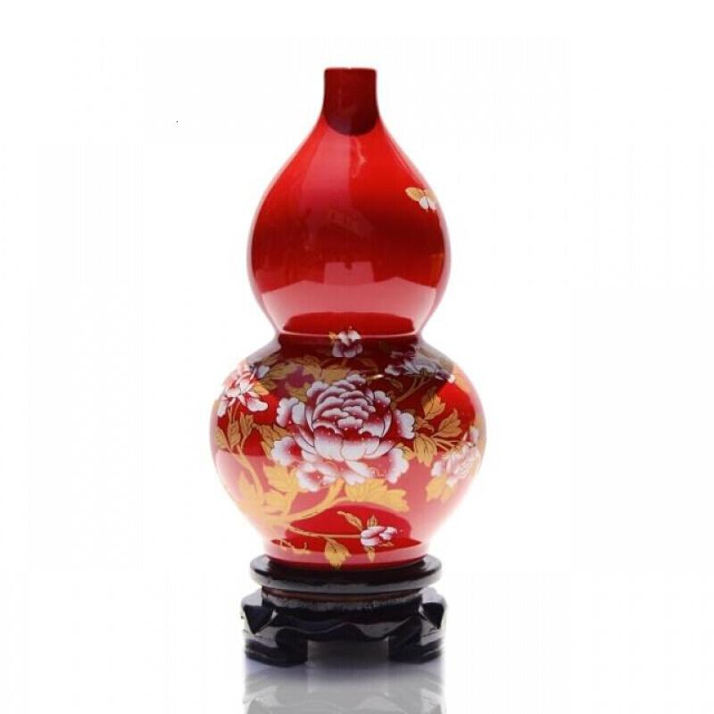 陶瓷葫芦摆件风水景德镇客厅插花博古架工艺品红色花瓶小瓷瓶