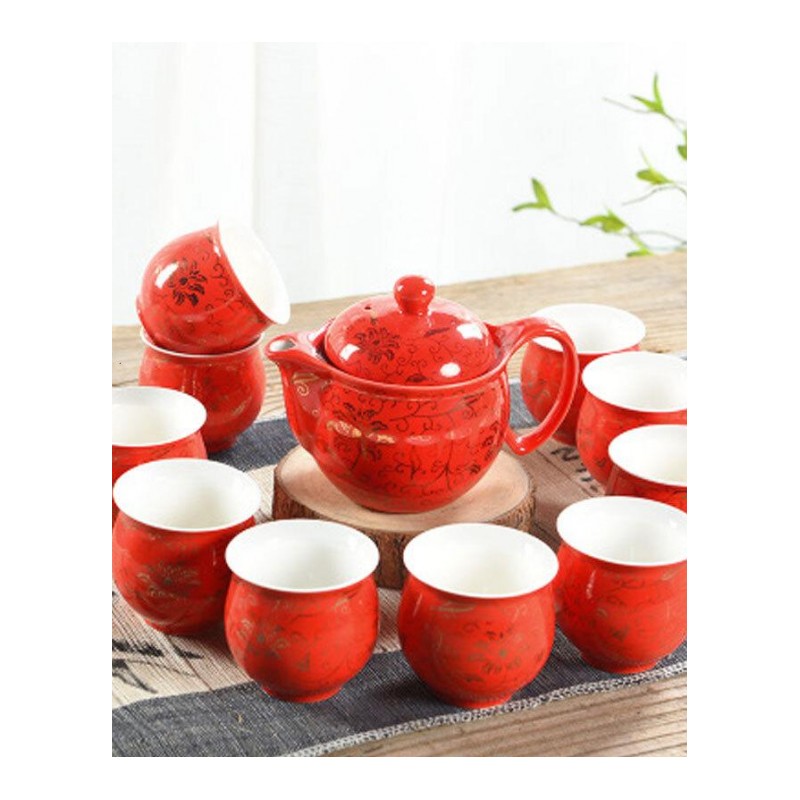 红色茶具套装双喜新婚婚礼敬茶壶家用敬茶直杯婚庆整套通用简约整套茶具