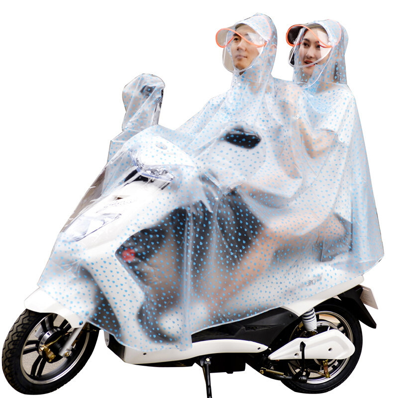 电动摩托车雨衣双人加大加厚透明双帽檐男女雨披时尚遮雨加大双人双帽檐-透明水滴XXXXL