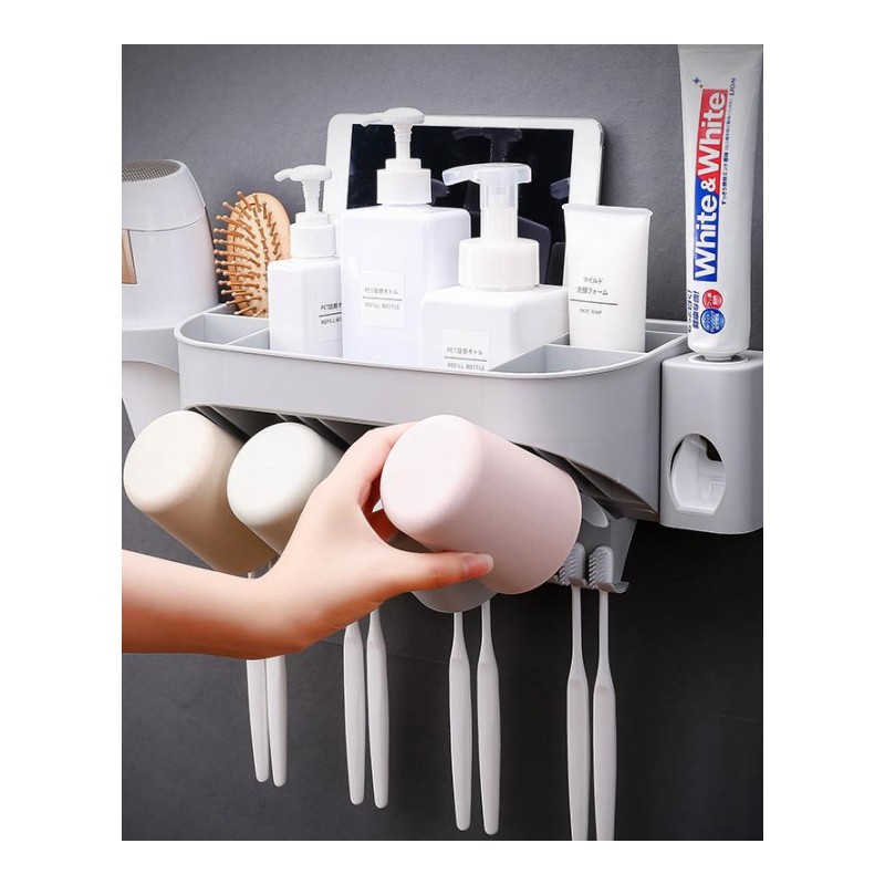 家英 竹纤维壁挂式3杯牙刷架洗漱套装 带自动挤牙膏器吹风机架(829B)