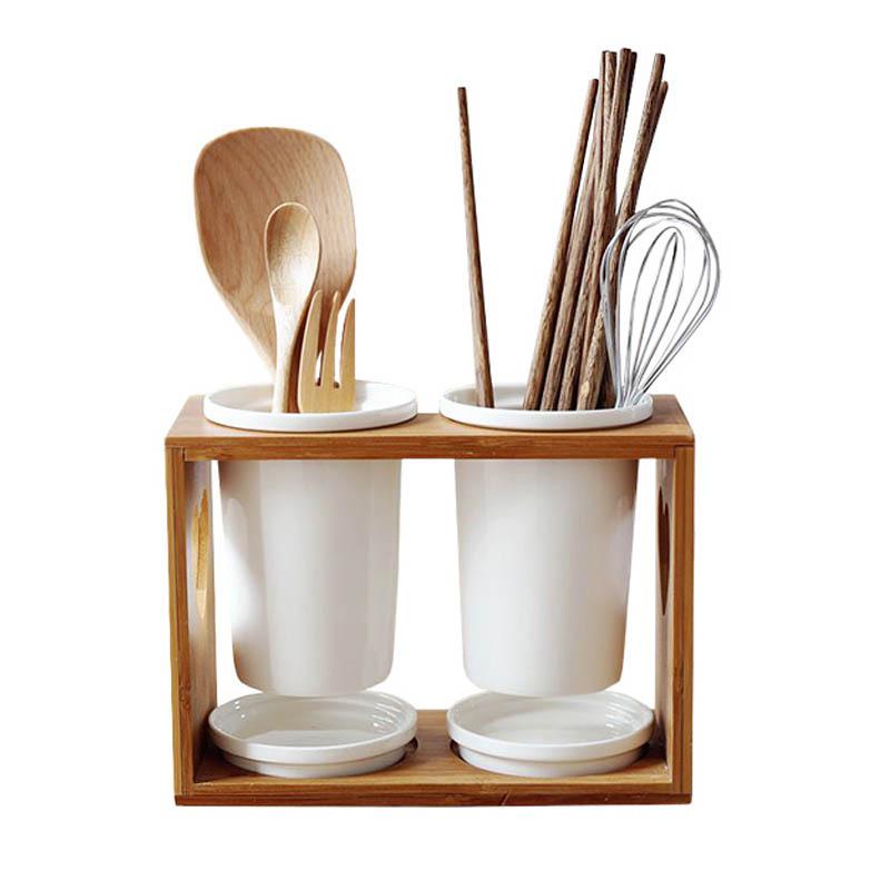 陶瓷竹架筷笼双筒沥水筷子筒厨房餐具置物收纳架筷子架筷子盒