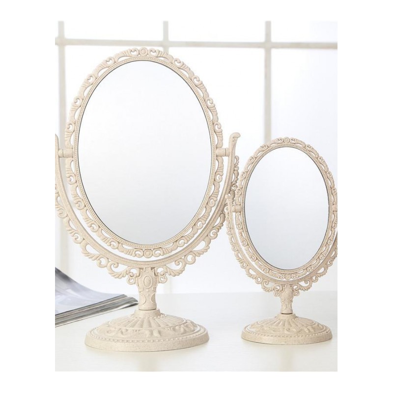 镜子 台式化妆镜子 双面椭圆形心形圆形梳妆镜 大号小号时尚欧式台镜 便携公主镜-圆形大号纳米色