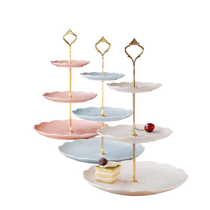 欧式浮陶瓷串盘点心盘蛋糕架创意下午茶餐具三层双层婚礼生日水果盘-玫瑰双层盘白色
