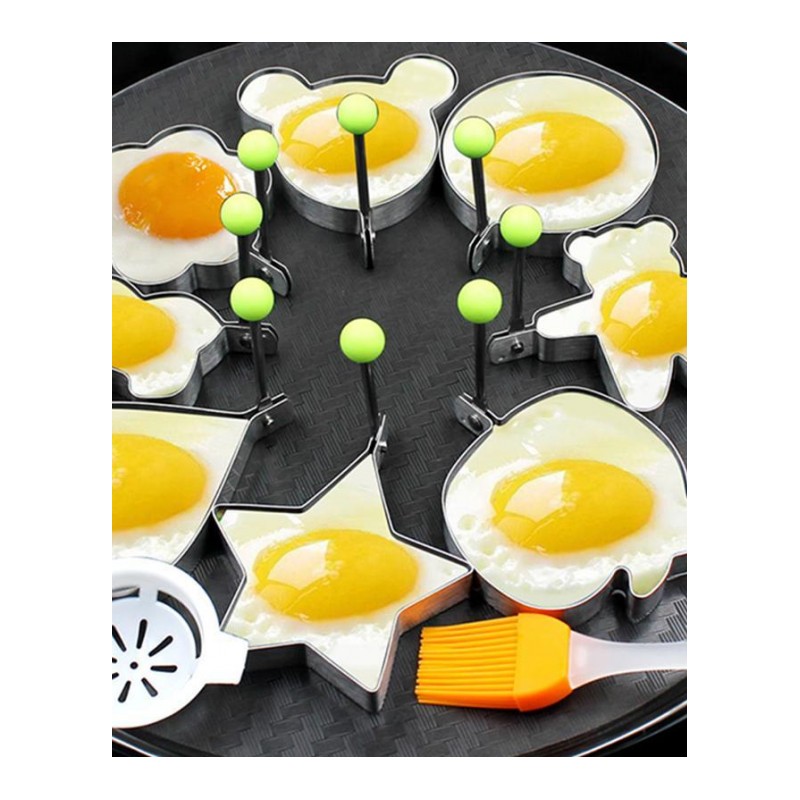 不锈钢煎蛋器模型煎蛋模具创意煎蛋圈-(A款)十件套 (8个煎蛋器+1油刷+1蛋清分离器)