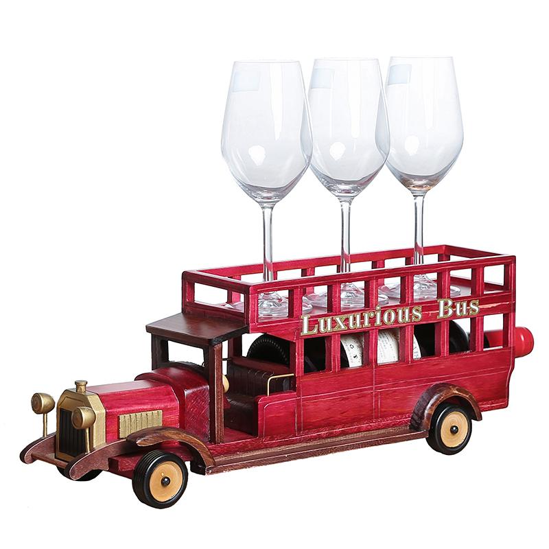 欧式巴士创意实木红酒架摆件挂杯架酒瓶架葡萄酒架倒挂高脚杯架-复古巴士实木红酒架