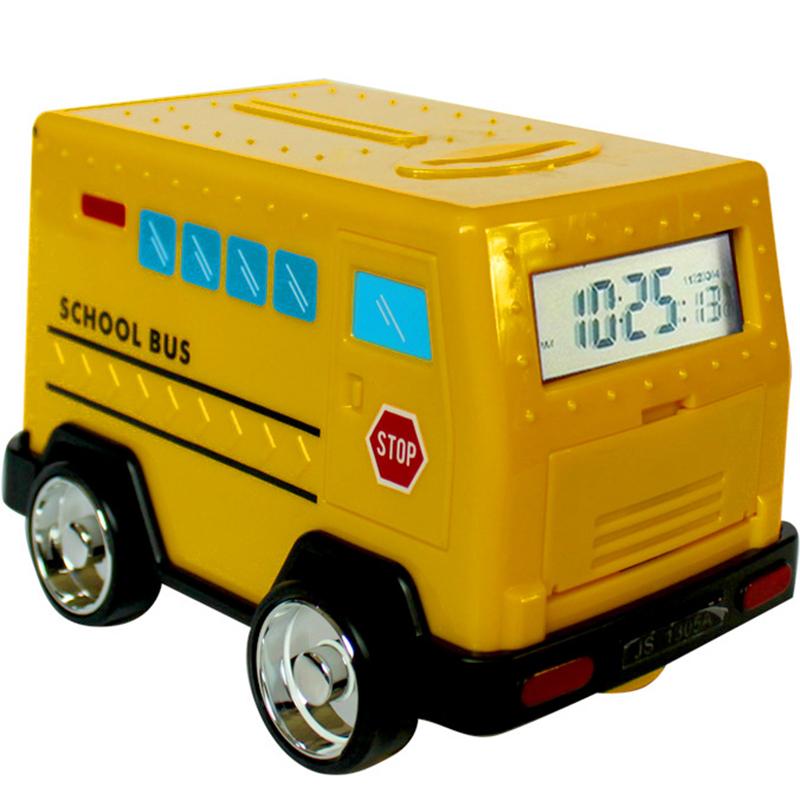 储蓄罐儿童玩具车投币卡通运钞车储钱柜小汽车闹钟大号存钱罐玩具-黄色送电池+螺丝刀