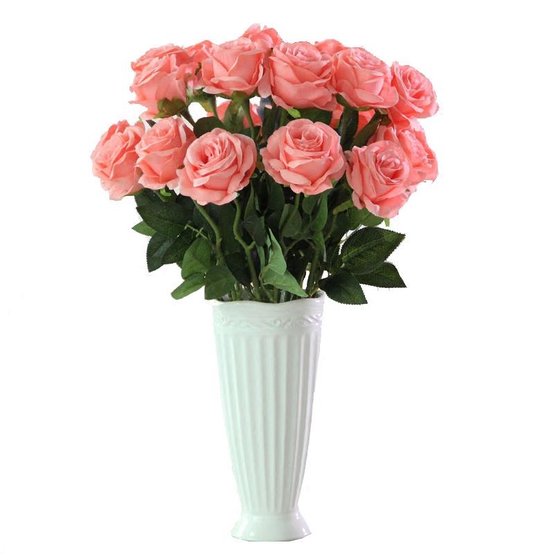 单支玫瑰花绢布仿真花假花客厅餐桌落地装饰花束5支装-玫红色