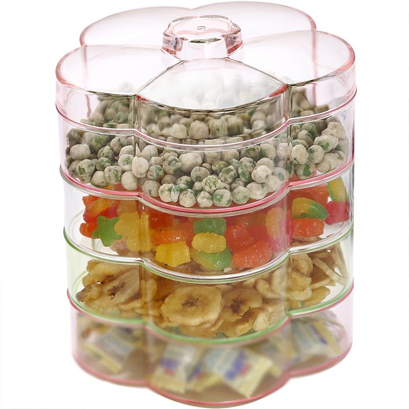 多层透明带盖糖果盒家用创意零食瓜子盘亚克力干果盒收纳盒子水果盘-粉色一层带盖