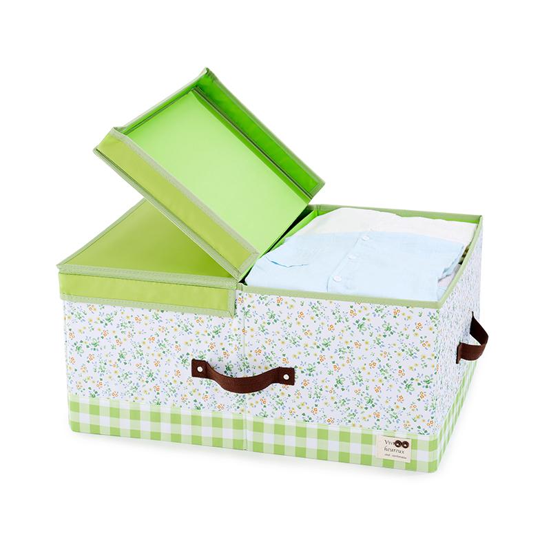 棉布收纳箱衣物整理箱有盖居家印花玩具储物箱收纳用品可折叠-蔷薇红底白花(54x42x26cm）