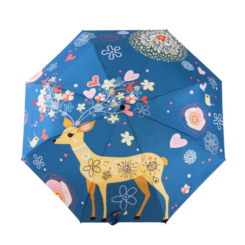 开馨宝 3D立体印花折叠雨伞花开麋鹿文艺可三折防晒防太阳伞花伞晴雨伞