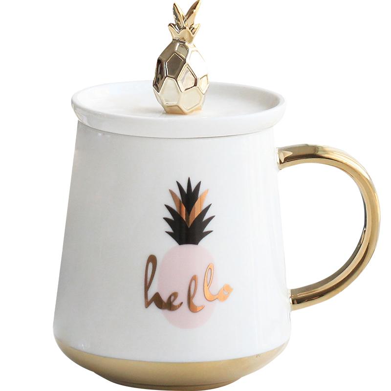 简约菠萝骨陶瓷杯子创意个性办公室女牛奶咖啡杯带盖家用马克水杯
